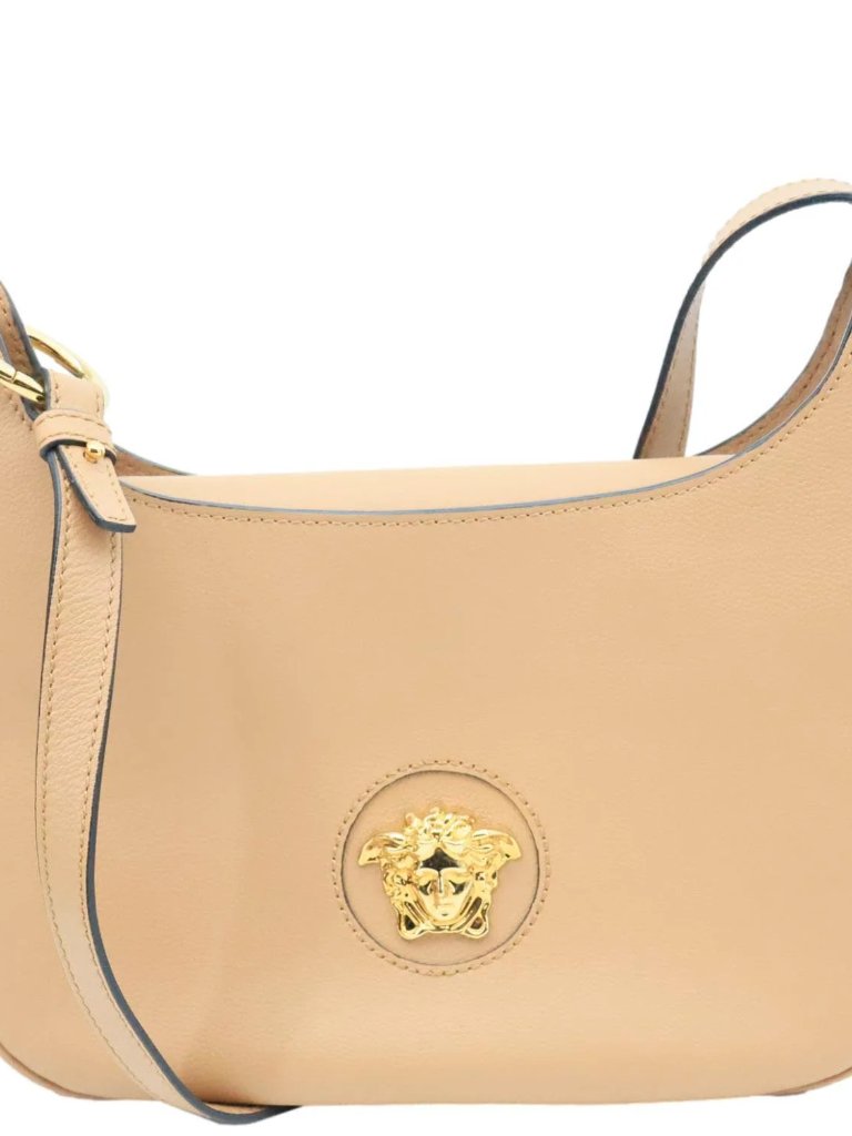 Versace La Medusa Medium Pebbled Leather Hobo Crossbody Bag Brown